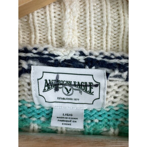 American Eagle Fair Isle oversized chunky‎ knit mock neck sweater mint sz L - Picture 2 of 7
